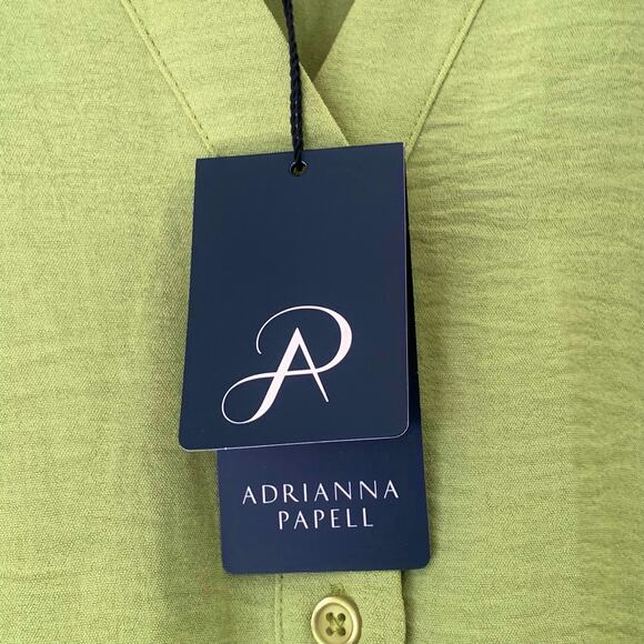 NWT Adriana Papell Blouse Button Down Tie Waist Large Short Sleeve Collar Green - Picture 5 of 9